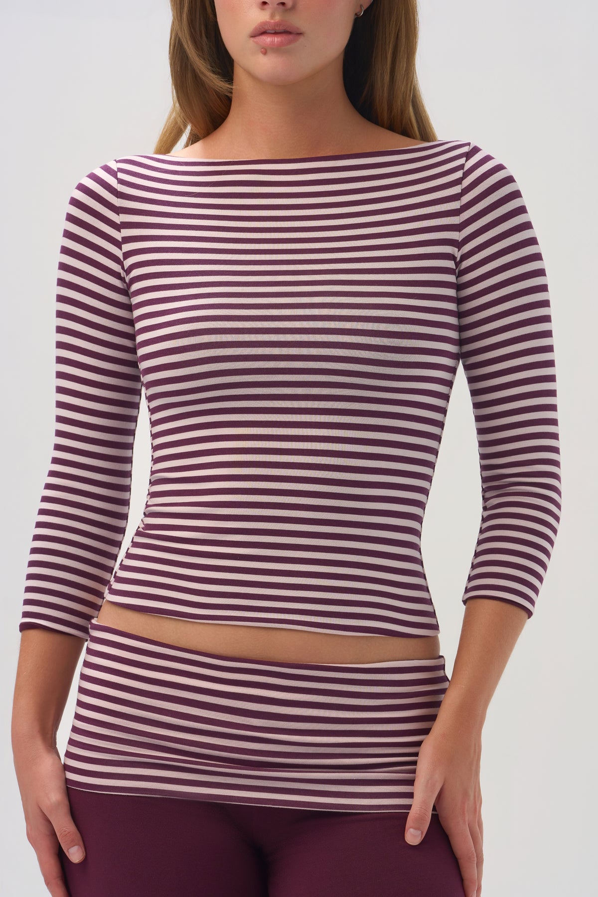ButterCloud™ 3/4 Sleeve Top in Plum Stripe