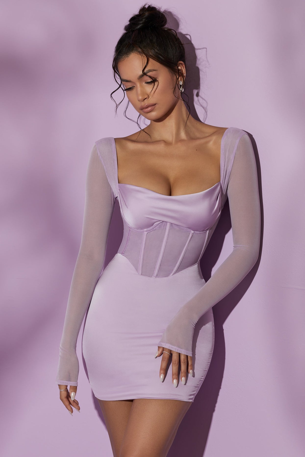 Long Sleeve Mesh Corset Mini Dress in Lilac