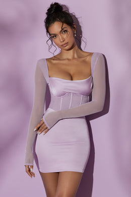 Mini sukienka z gorsetem z długim rękawem w kolorze liliowym