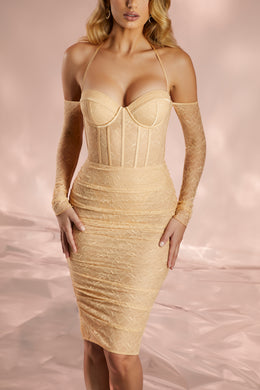 Long Sleeve Lace Bardot Midi Dress in Sand