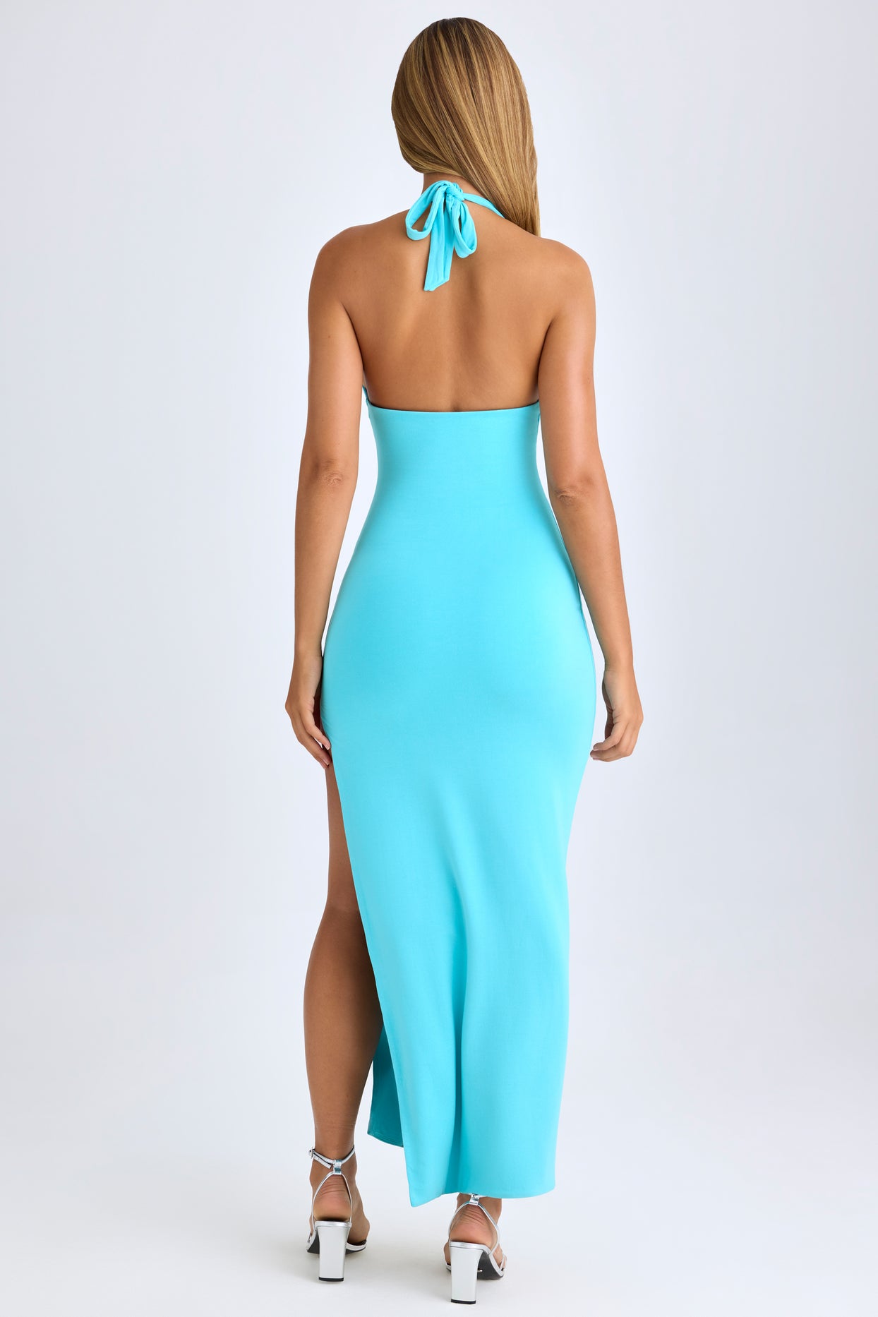 Modal High-Split Halterneck Maxi Dress in Aqua Blue - 2