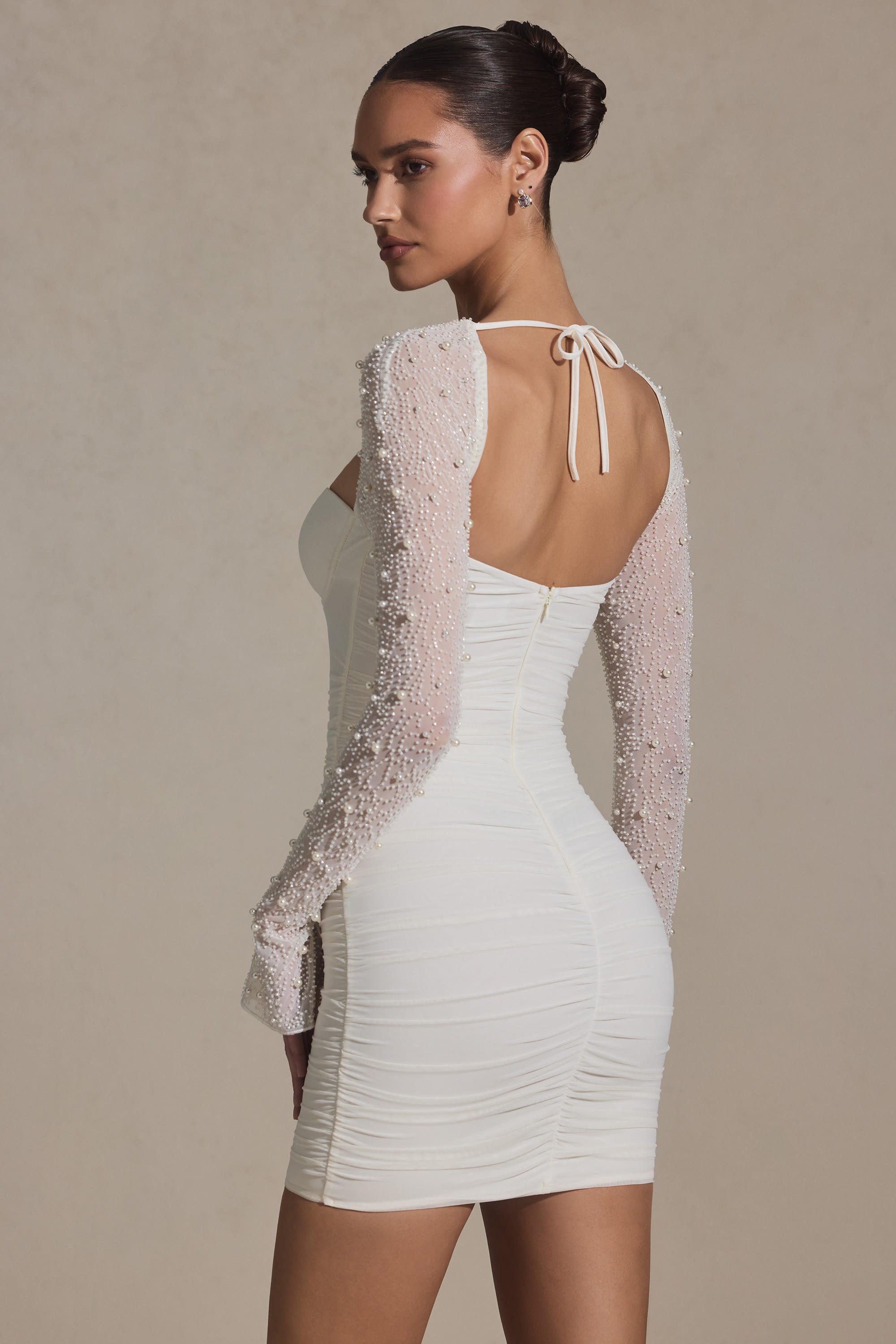 Embellished Long-Sleeve Mini Dress in Snow