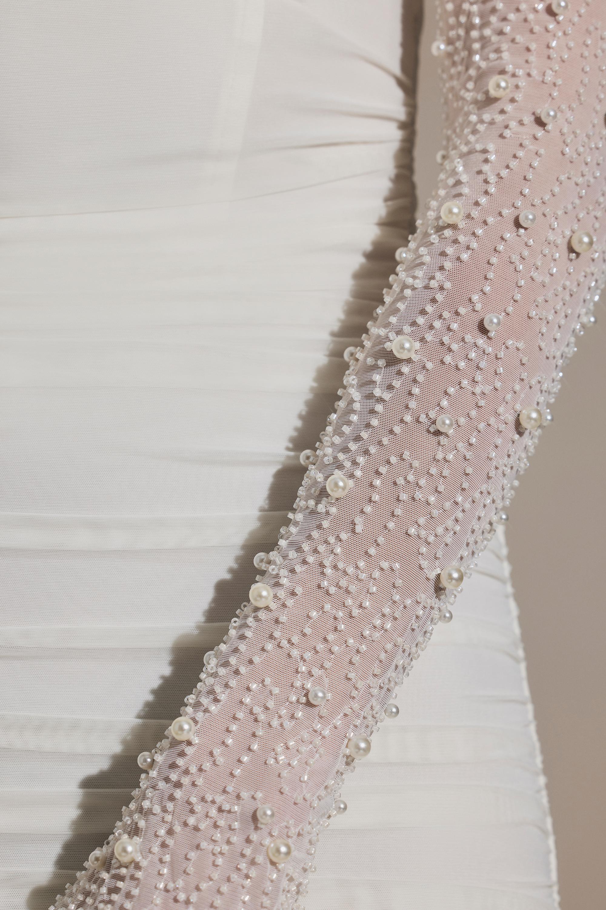 Embellished Long-Sleeve Mini Dress in Snow