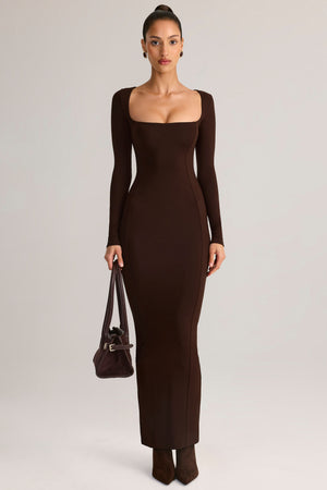 ribbed modal square neck maxi dress in chocolate ODINA SQUARE NECK MAXI DRESS - CHOCOLATE
