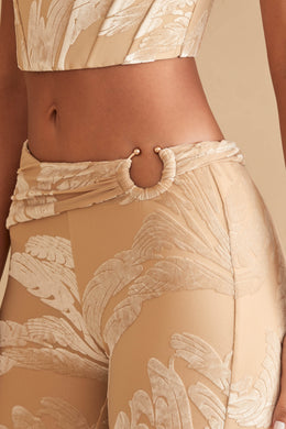 Ring Detail Bootleg Trousers in Beige Print