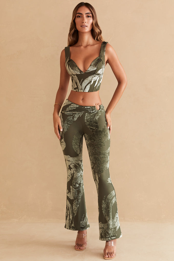 Ring Detail Bootleg Trousers in Olive Print
