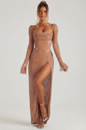 Oh Polly's Priscilla wearing the Champel Maxi Dress in Nude Embellished fabric perfect for evening galas