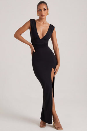 Sloane High Split Plunge Neck Maxi Dress in Black | Oh Polly