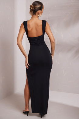Sukienka maxi z wysokim rozcięciem i głębokim dekoltem w kolorze czarnym