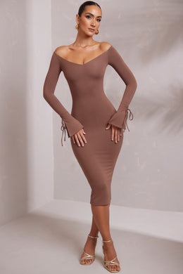 Long Sleeve Off The Shoulder Midi Dress in Brown
