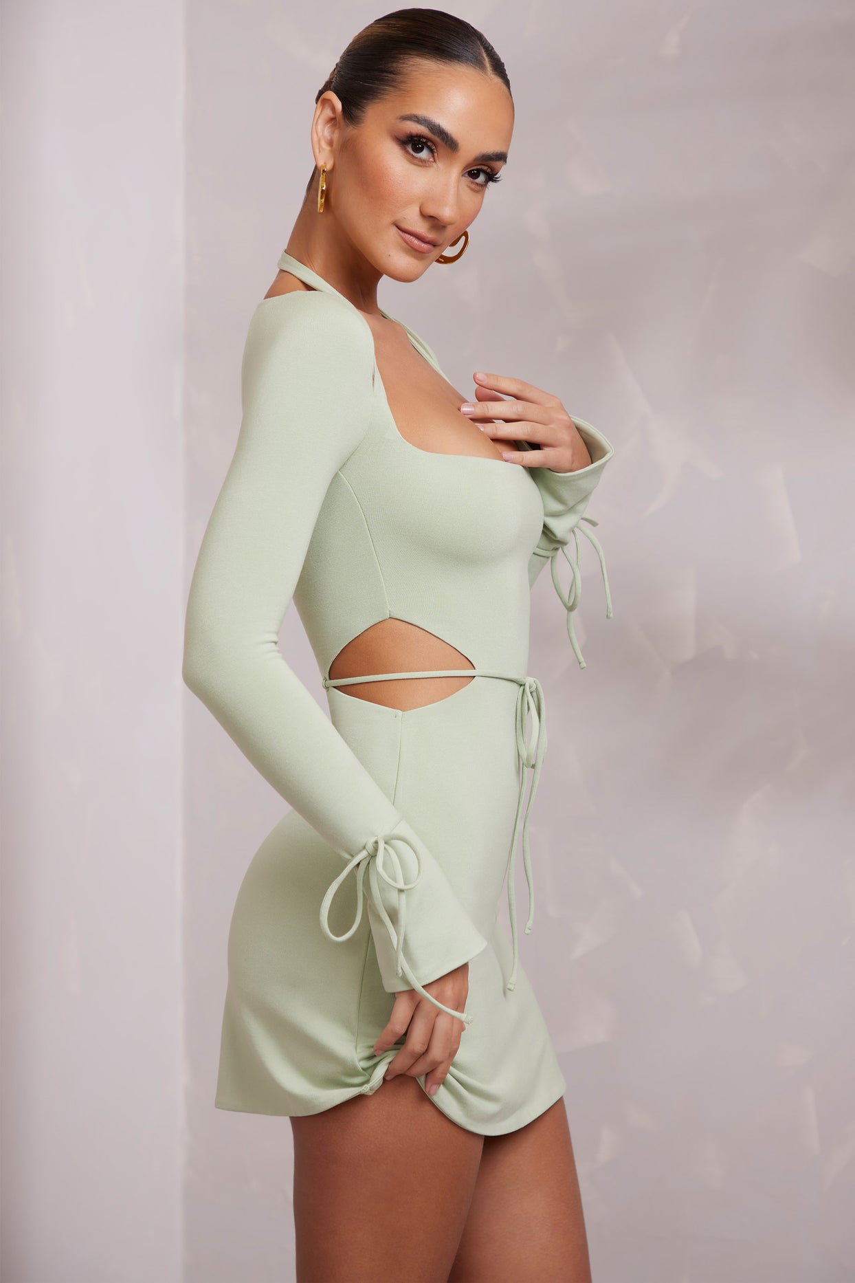 Long Sleeve Cut Out A-Line Mini Dress in Sage
