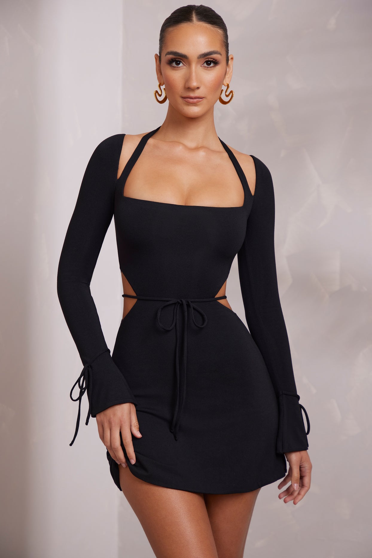 Long Sleeve Cut Out A-Line Mini Dress in Black