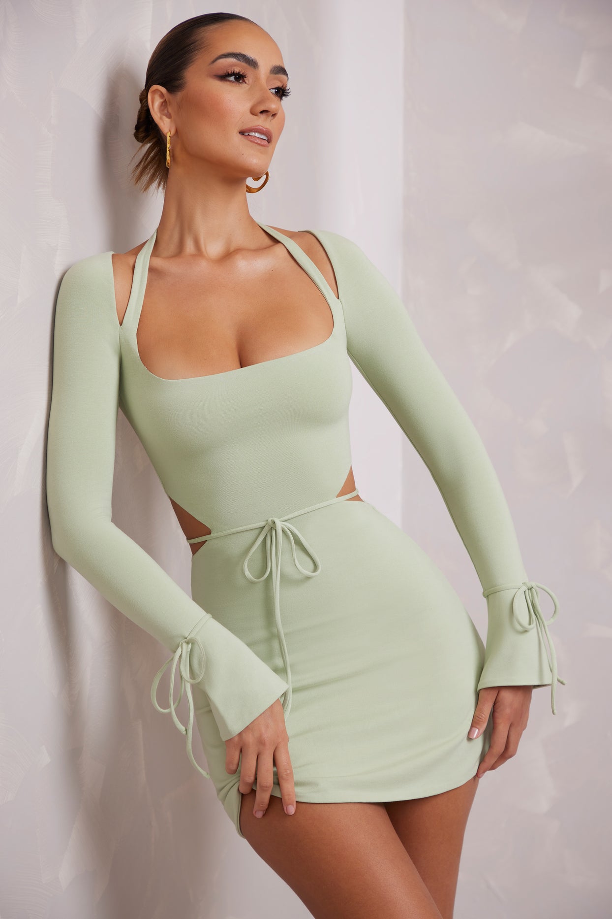 Long Sleeve Cut Out A-Line Mini Dress in Sage