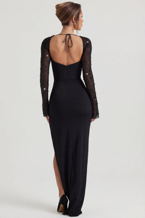 Oh Polly's Sierra Skye wearing the San Marino Maxi Dress in Black Embellished fabric perfect for elegant evening events