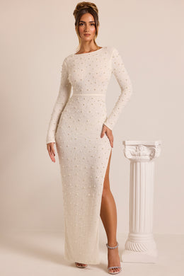 Embellished Long Sleeve Backless Maxi Dress in White