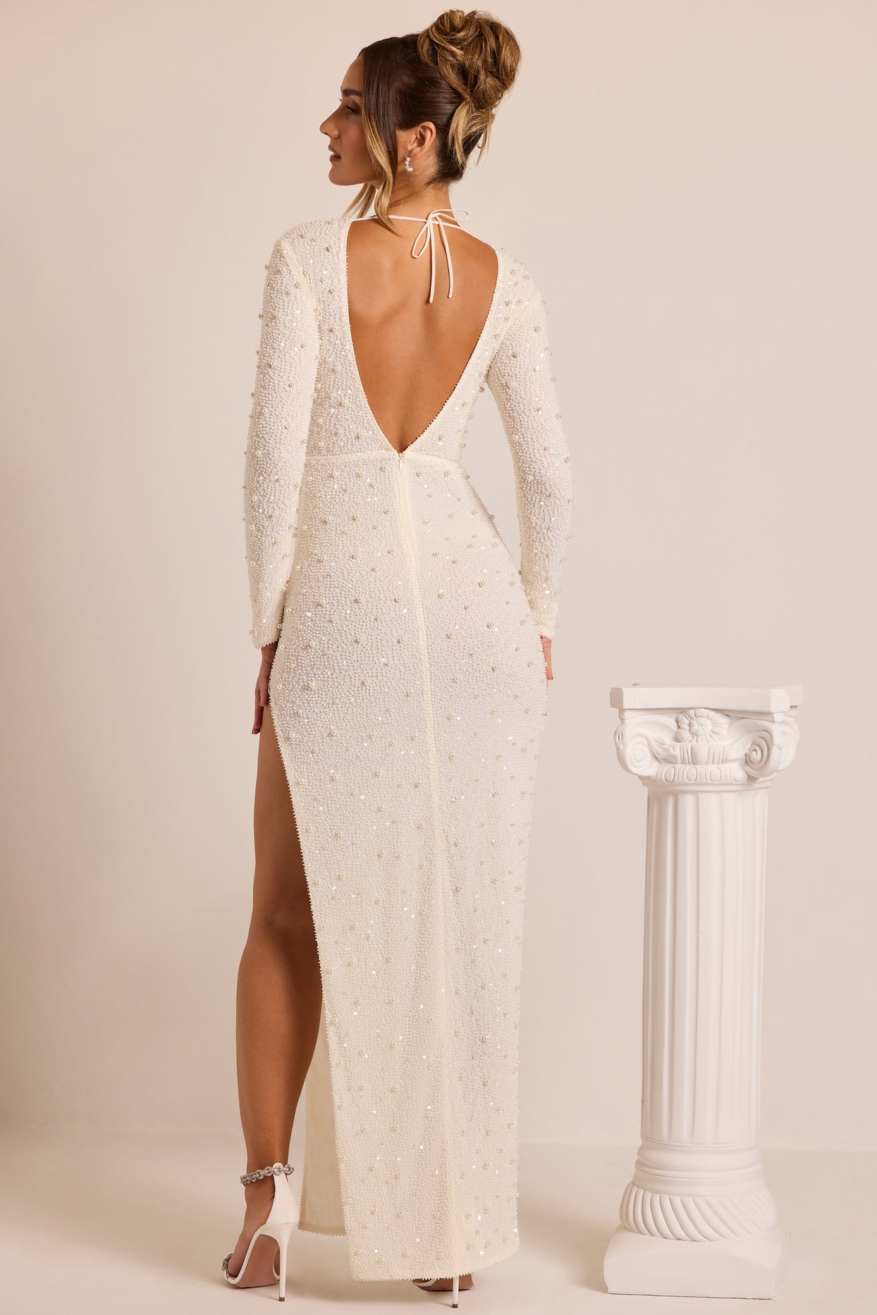 Vienna Embellished Long Sleeve Backless Maxi Dress in White