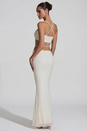 Oh Polly's Arbenita wearing the Pisa Crop Top in Ivory Embellished fabric perfect for summer parties
