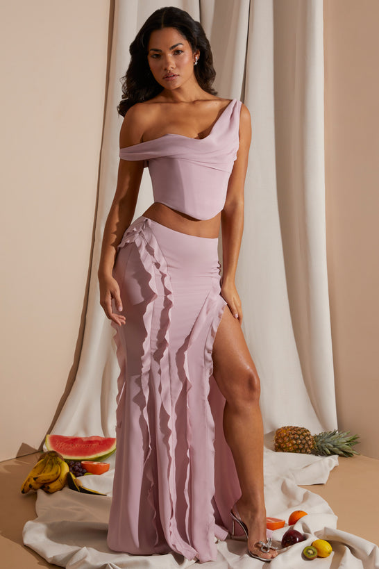 Spódnica maxi ze średnim stanem i falbankami w kolorze różu