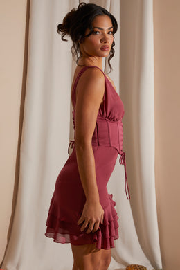 Mini-robe asymétrique à volants et corset en mauve foncé