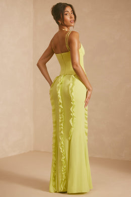 Sukienka maxi z gorsetową spódnicą i falbanką w kolorze limonkowej zieleni