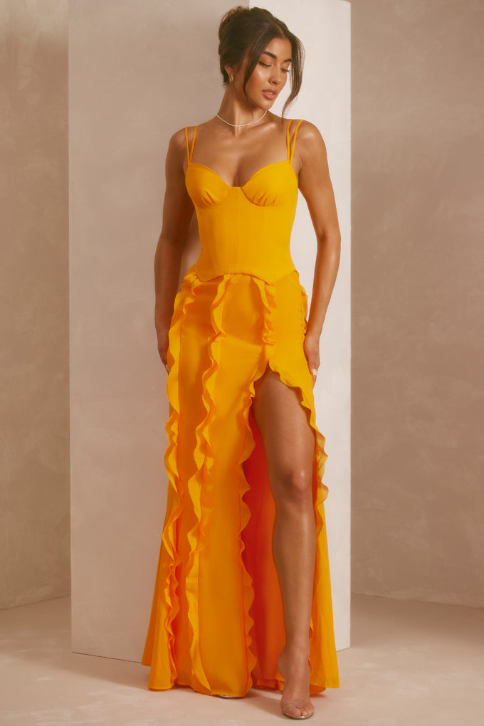 Sukienka maxi z gorsetową spódnicą i falbanką w kolorze mandarynki