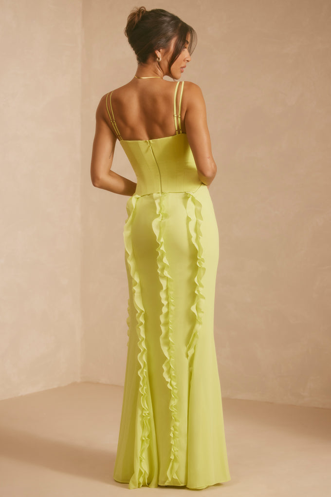 Sukienka maxi z gorsetową spódnicą i falbanką w kolorze limonkowej zieleni