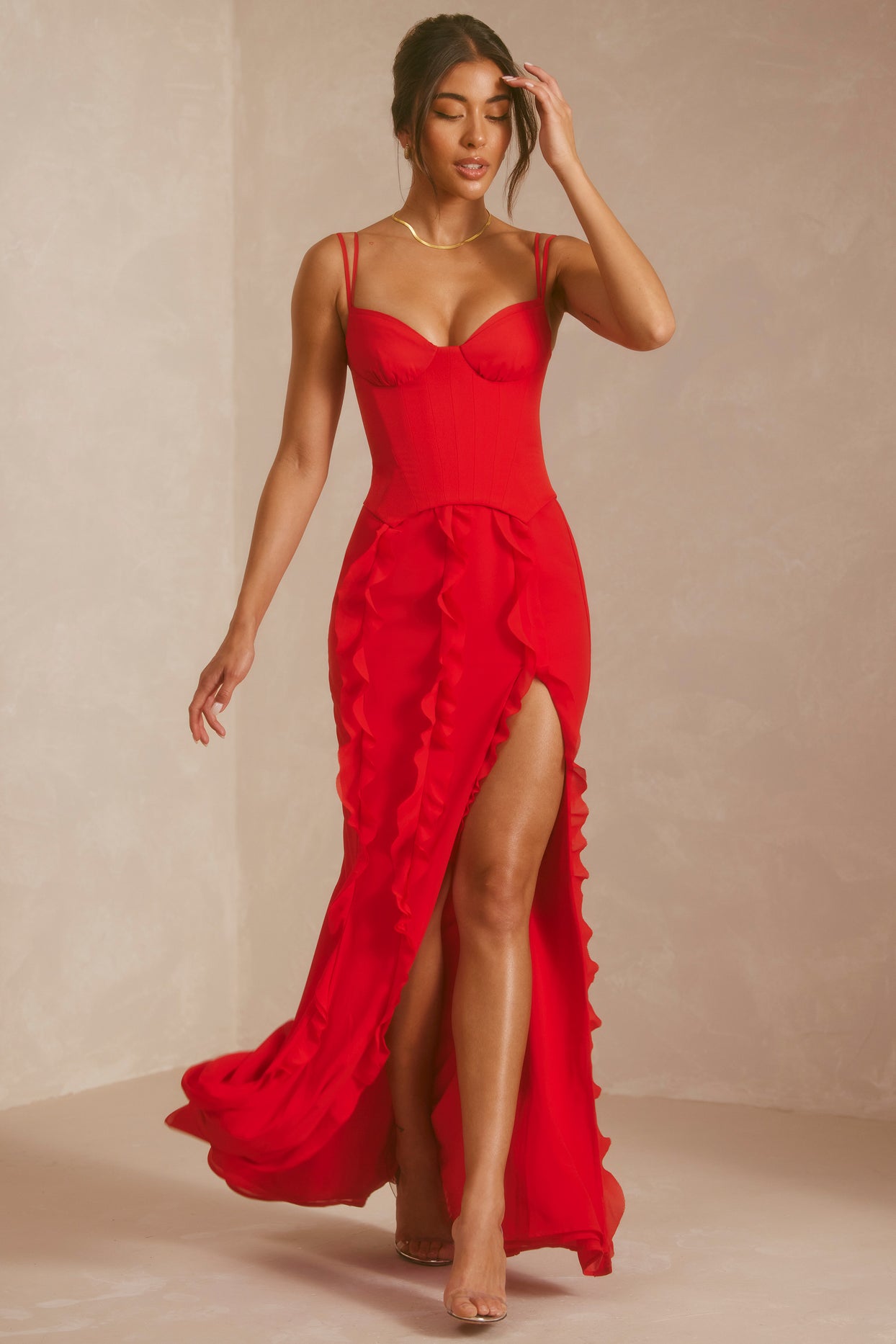 Corset Frill Skirt Maxi Dress in Scarlet Red