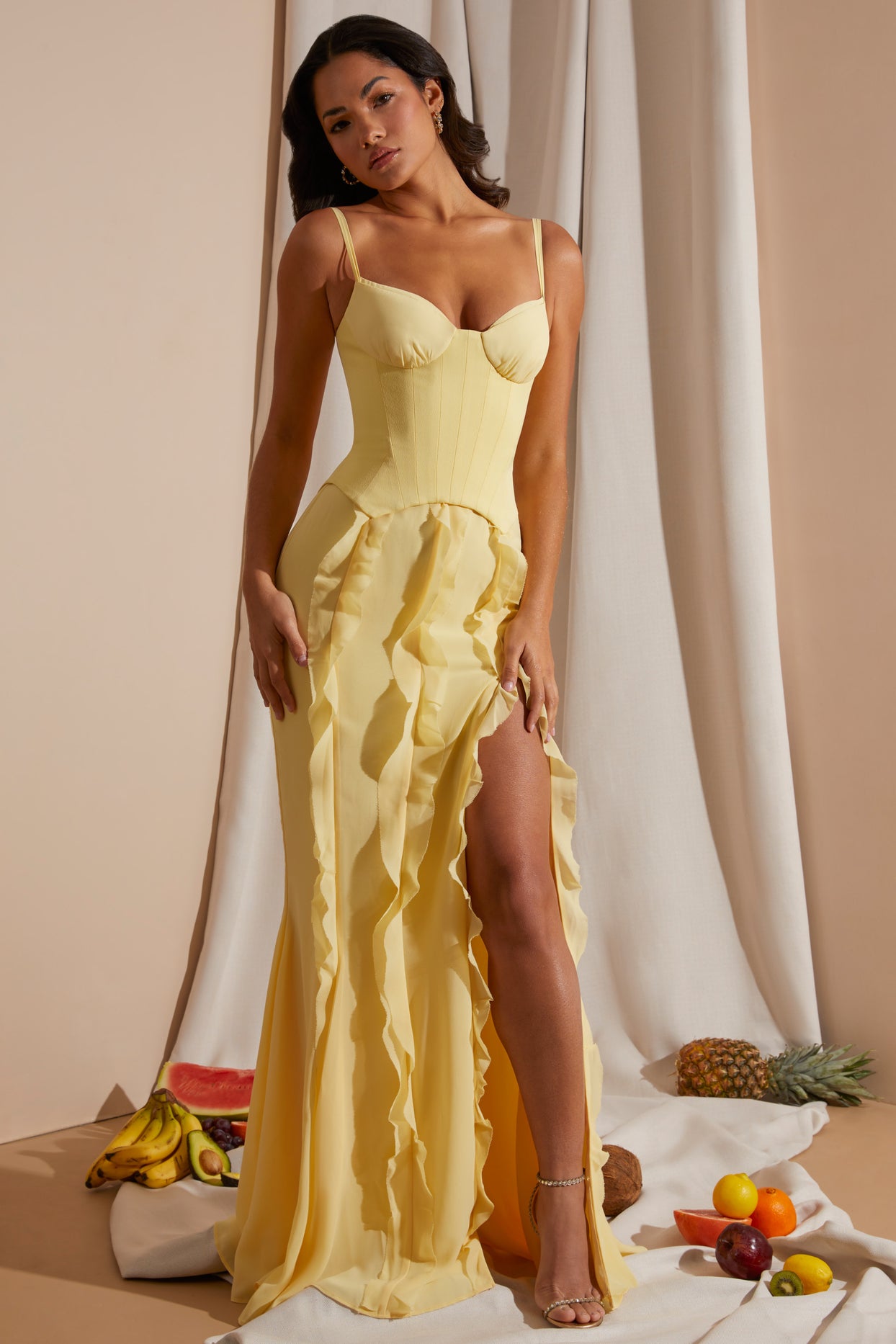 Perrine Corset Frill Skirt Maxi Dress in Yellow