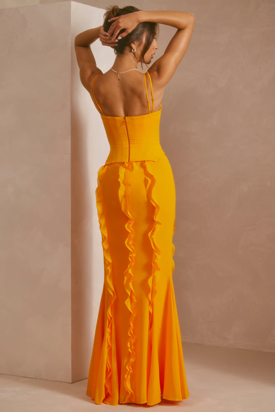 Robe longue jupe corset à volants en mandarine