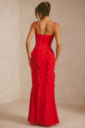 Corset Frill Skirt Maxi Dress in Scarlet Red