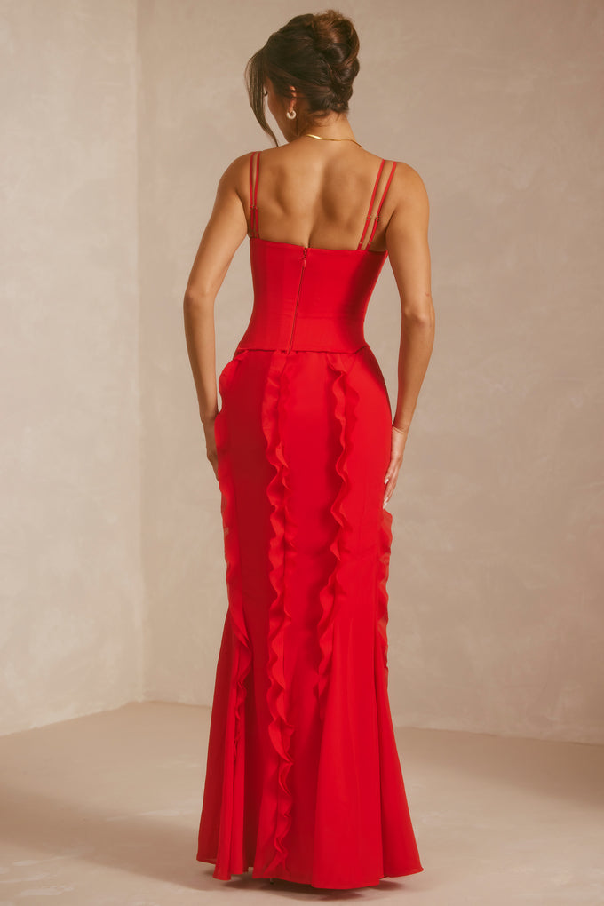 Sukienka maxi z gorsetową spódnicą i falbanką w kolorze szkarłatnej czerwieni
