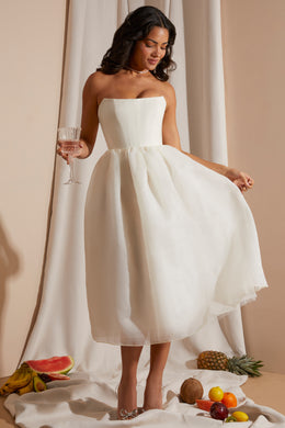 Strapless Corset Tulle Midi Dress in White