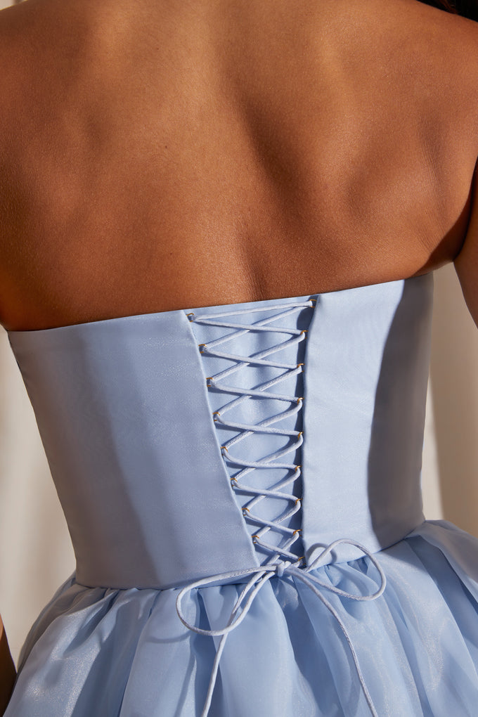 Robe midi corset en tulle sans bretelles en bleu