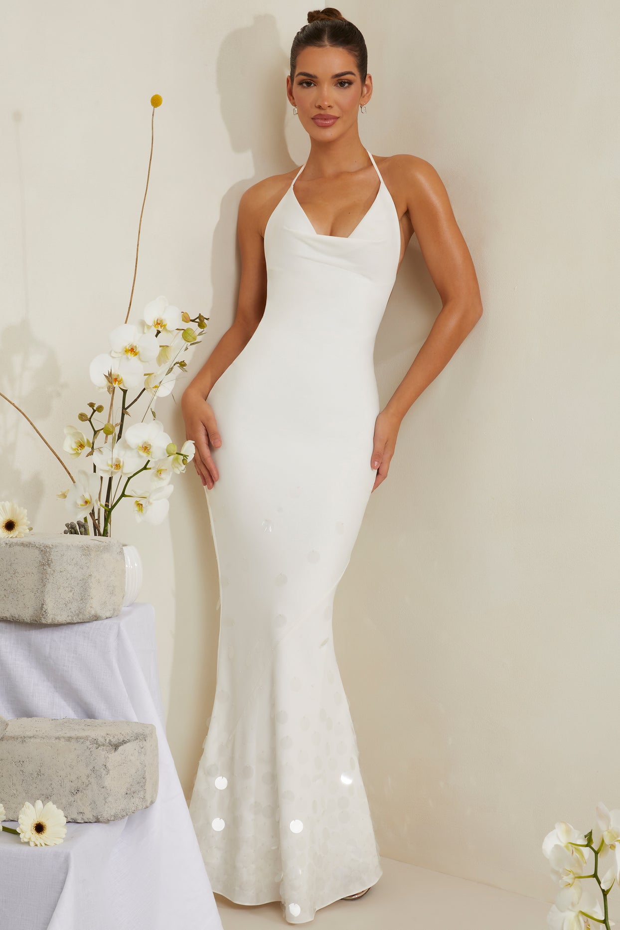 Cowl Neck Embellished Satin Maxi Dress in White