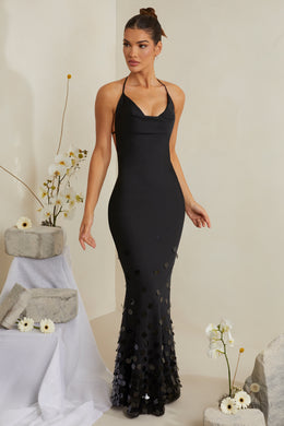 Cowl Neck Embellished Satin Maxi Dress in Black