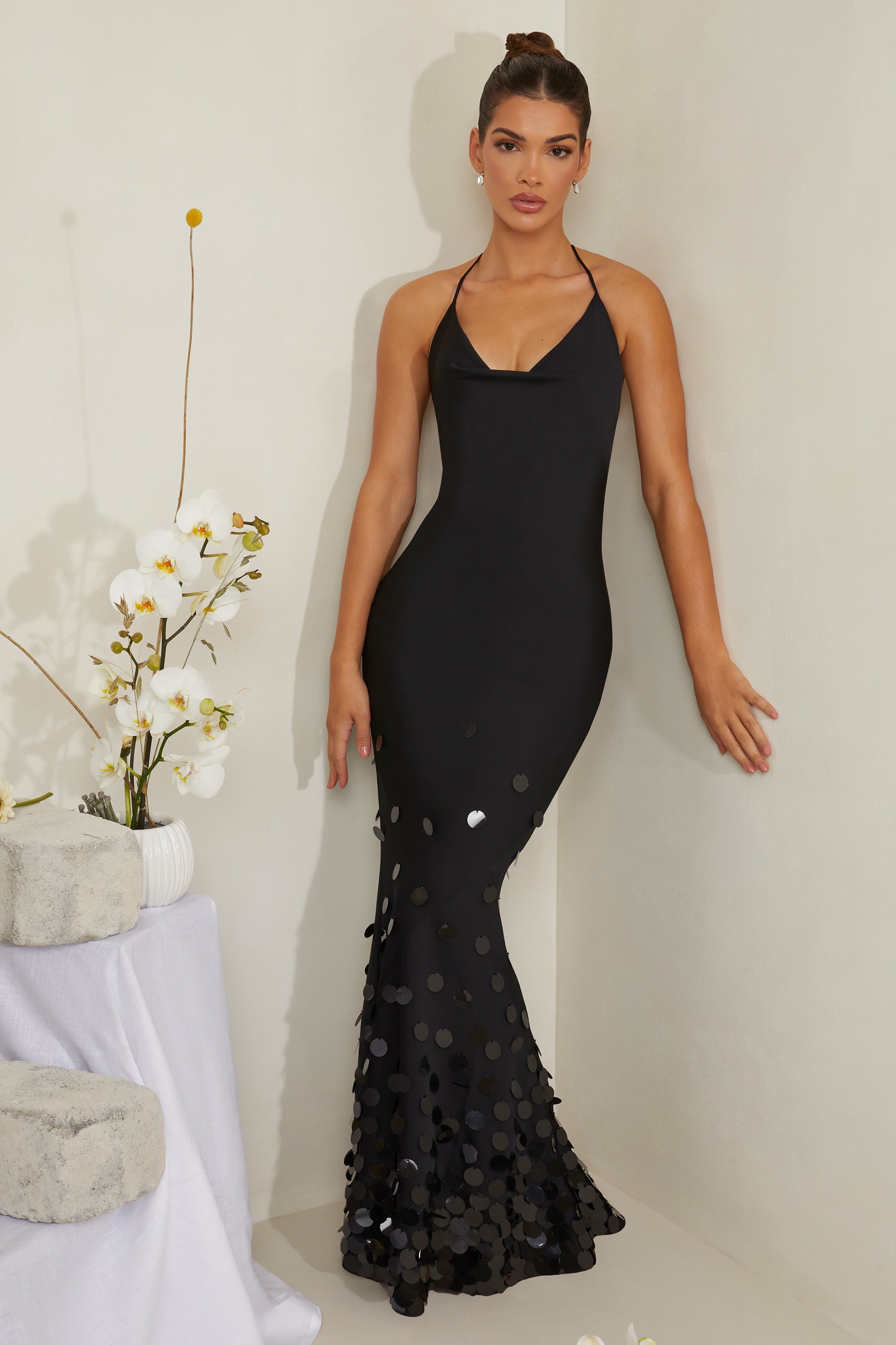 Magnolia Cowl Neck Embellished Satin Maxi Dress in Black | Oh Polly