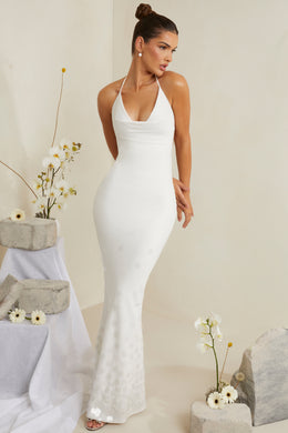 Cowl Neck Embellished Satin Maxi Dress in White