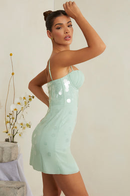 Ozdobiona gorsetowa sukienka mini w kolorze szałwiowym