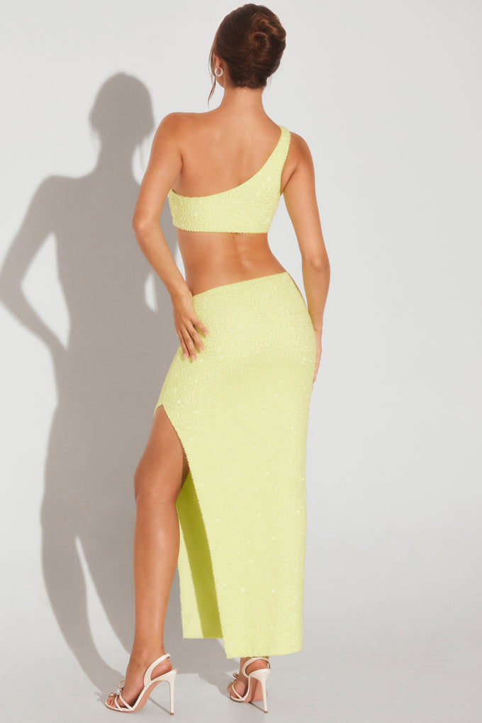 Ozdobiona spódnica maxi z rozcięciami po bokach w kolorze limonkowej zieleni