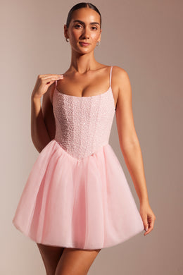 Mini-robe avec jupe corset en tulle ornée, Blush