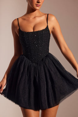 Embellished Corset Tulle Skirt Mini Dress in Black