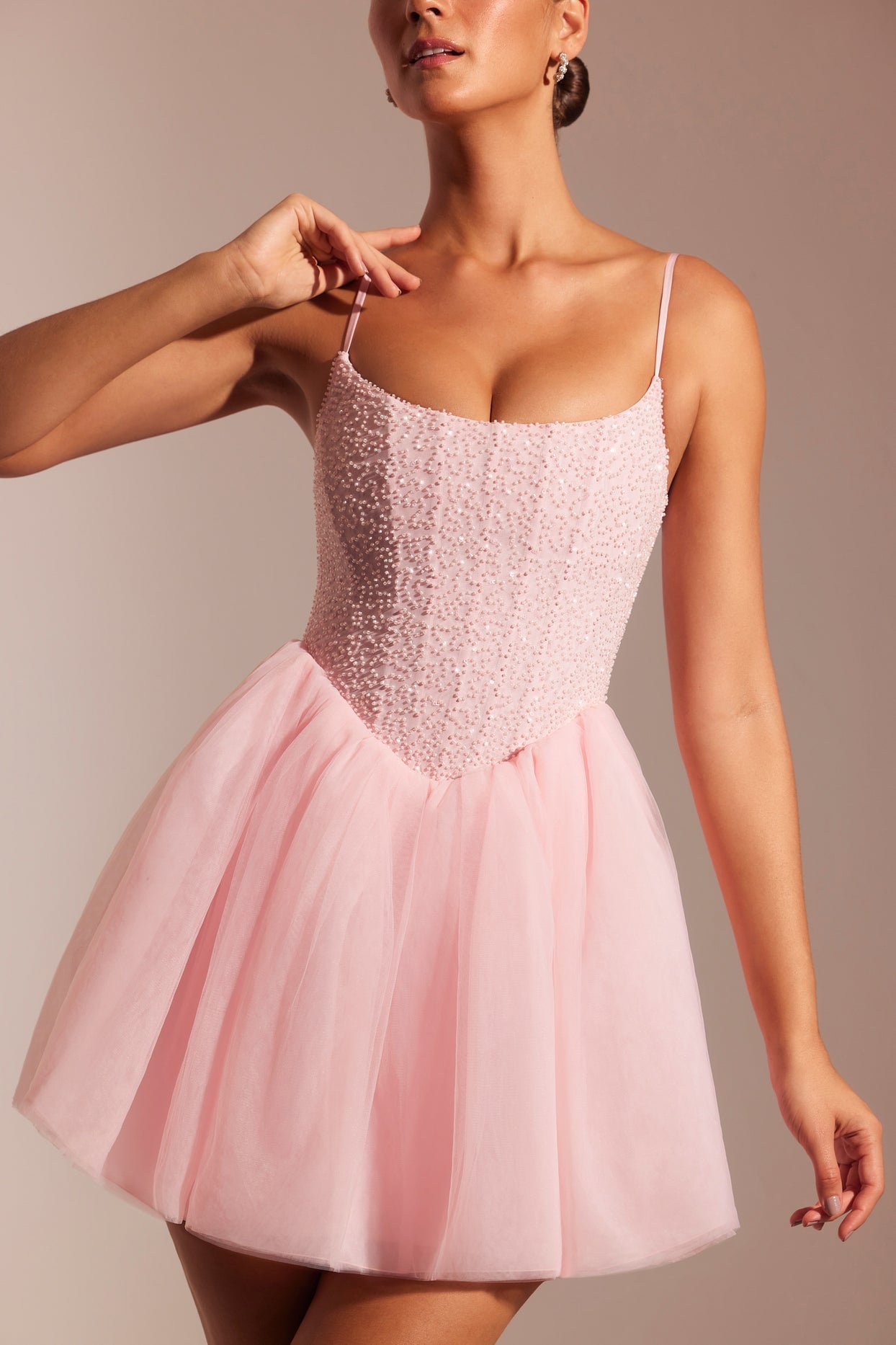 Mini-robe avec jupe corset en tulle ornée, Blush