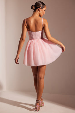 Embellished Corset Tulle Skirt Mini Dress in Blush