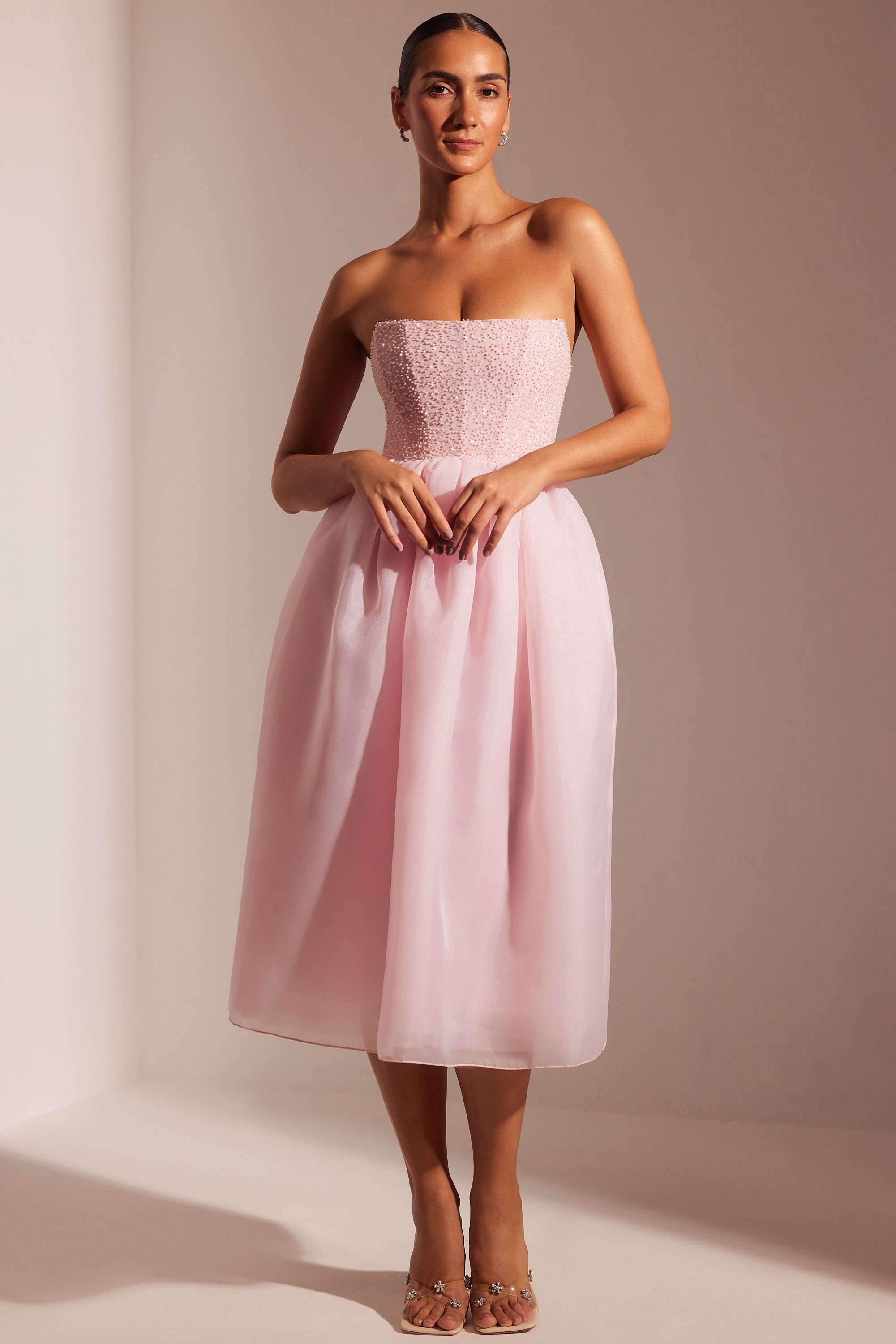 Rosette Embellished Corset Tulle Skirt Midi Dress in Blush