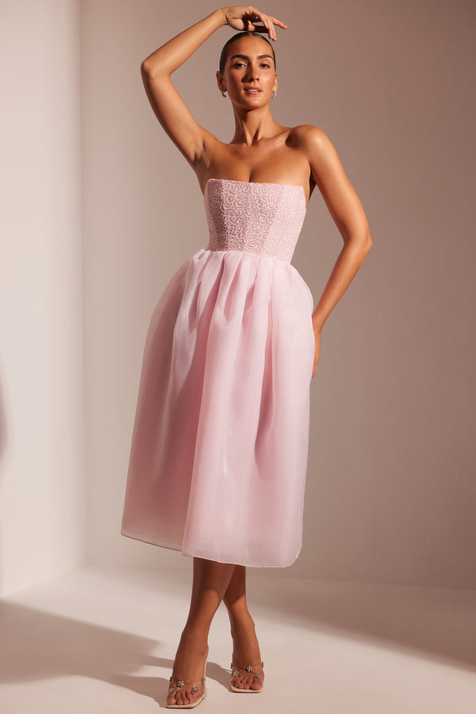 Embellished Corset Tulle Skirt Midi Dress in Blush