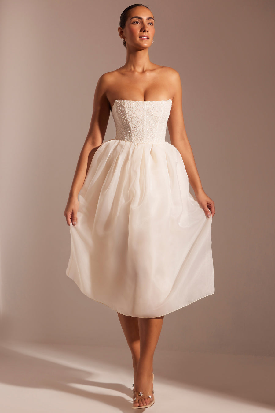 Rosette Embellished Corset Tulle Skirt Midi Dress in Ivory