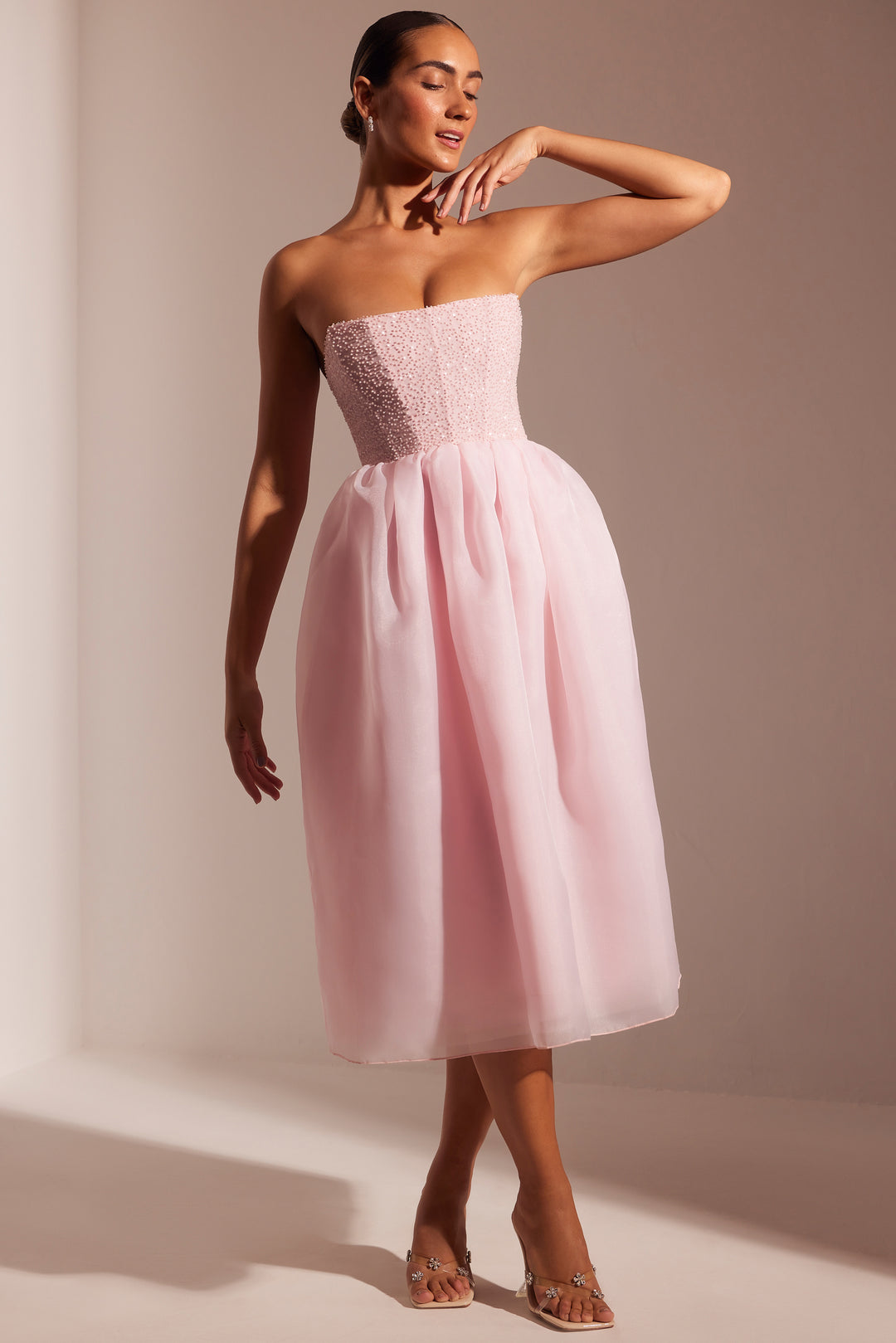 Rosette Embellished Corset Tulle Skirt Midi Dress in Blush