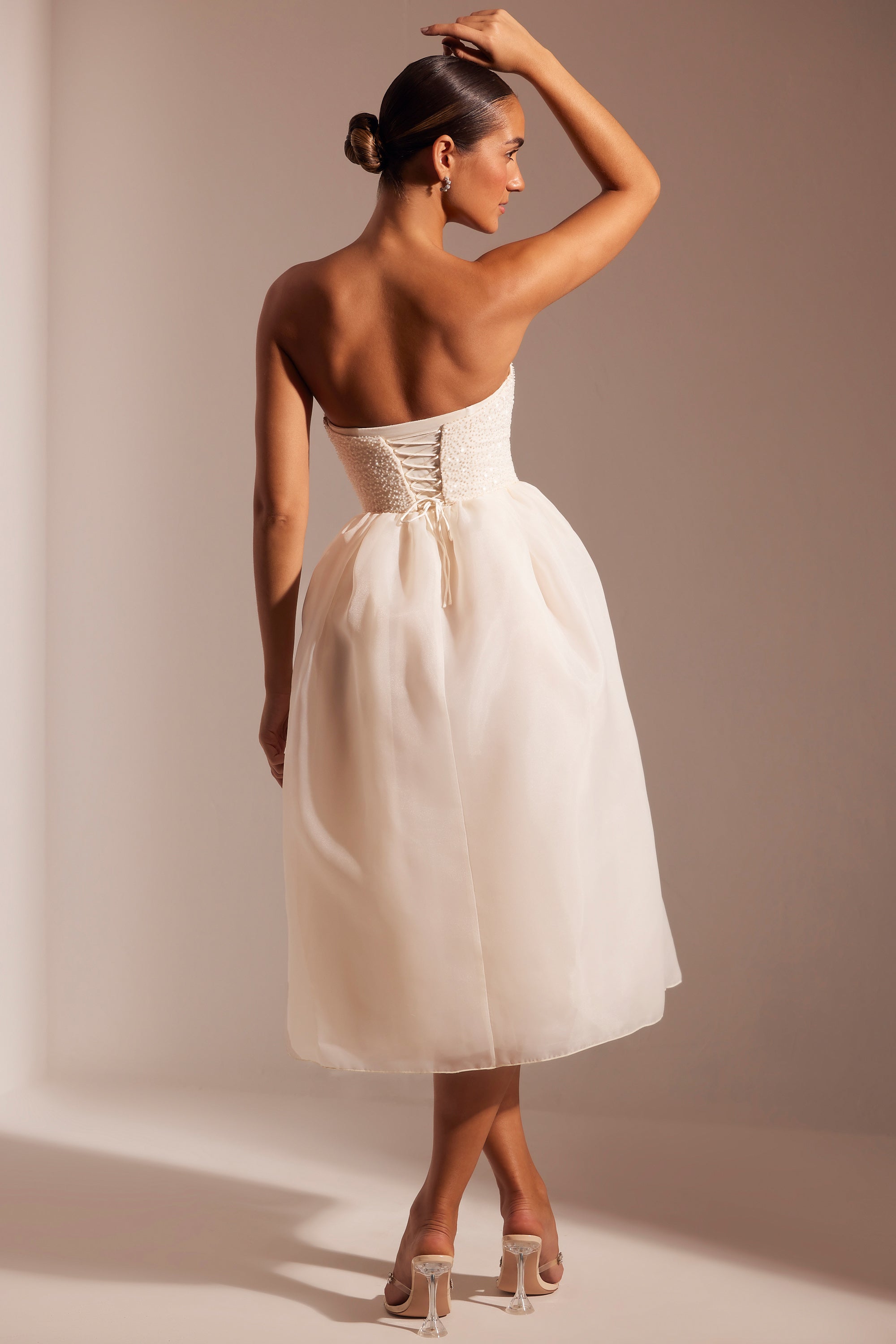 Rosette Embellished Corset Tulle Skirt Midi Dress in Ivory