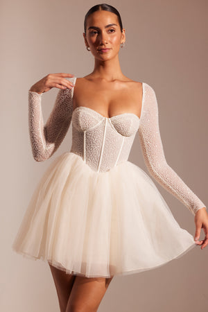 Calliope Embellished Long Sleeve Tulle Skirt Mini Dress in Ivory | Oh Polly Calliope Embellished Long Sleeve Tulle Skirt Mini Dress in Ivory | Oh Polly