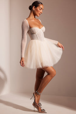 Embellished Long Sleeve Tulle Skirt Mini Dress in Ivory